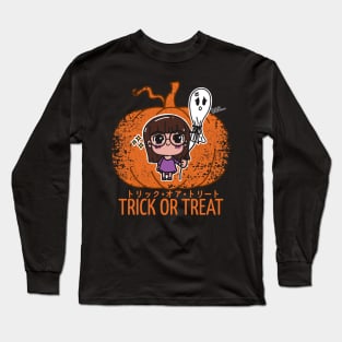 Kawaii Girl and the Unhappy Spirit: Halloween Charm on Pumpkin Background Long Sleeve T-Shirt